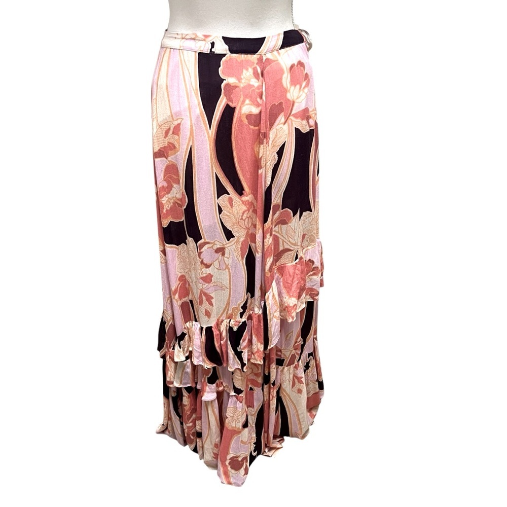 Free People Pink Bring Back The Summer Asymmetric Ruffle‎ Maxi Skirt Size 10 NWT - Picture 2 of 16